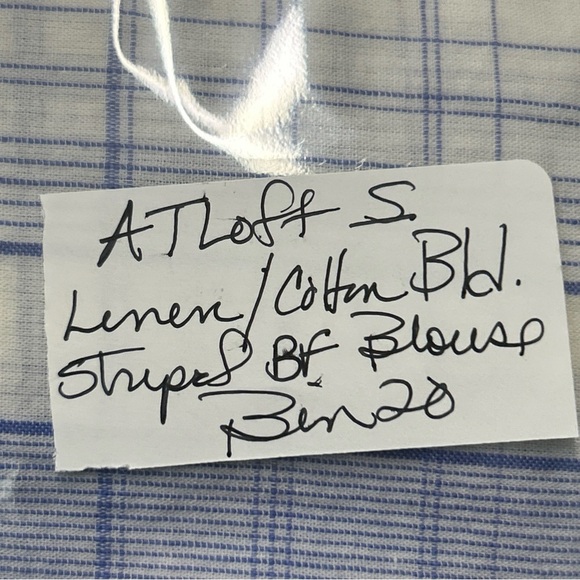 LOFT Plaid Linen Blend Button Blouse Peter Pan Collar Preppy White Blue Spring - Picture 12 of 12